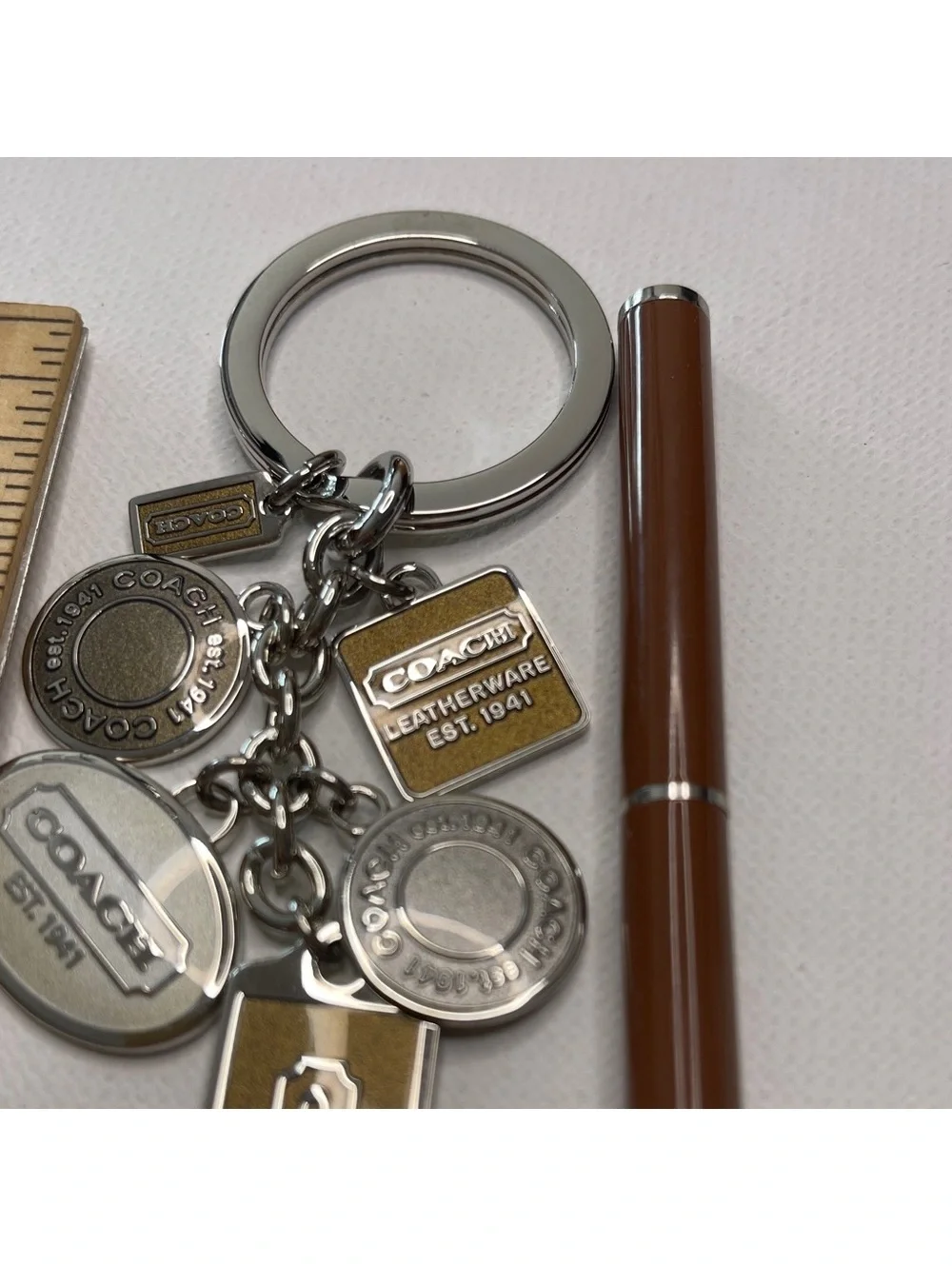 Coach Silver and Brown Logo Charms Keychain & Matching Pen NIP